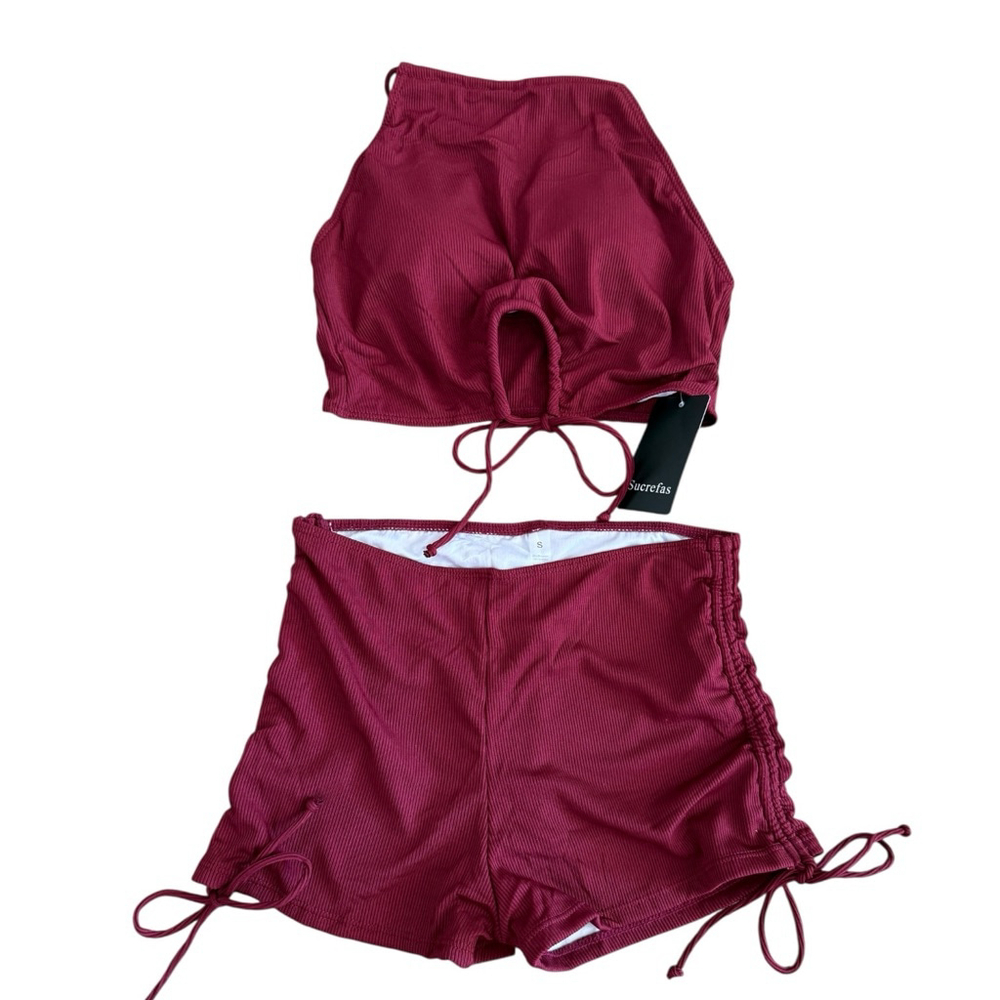 Sucrefas Ribbed Burgundy Cutout Halter Swim Set Shorts NWT Size S - Picture 2 of 5